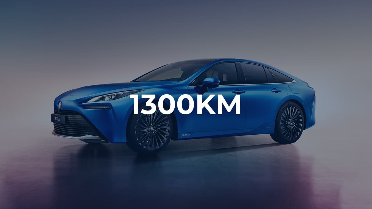 A Toyota Mirai production hydrogen car, captioned with its 1300km range
