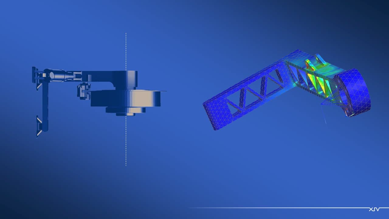 Finite-element stress analysis render of the single trailing arm, colour-mapped for load