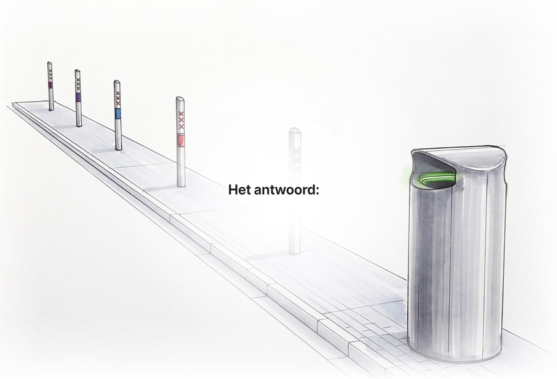 A row of colour-coded deposit poles leading along a street to a redesigned litter bin with an illuminated internal slot