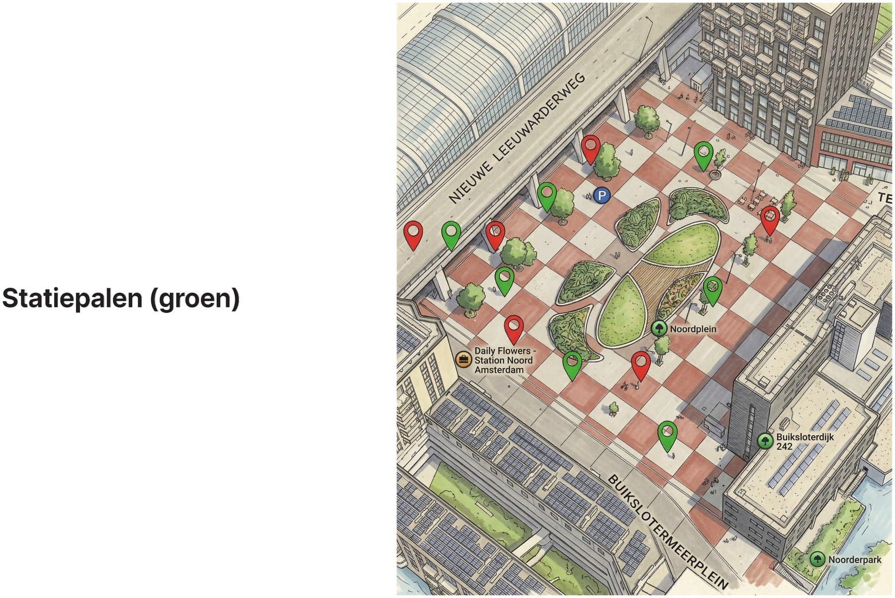 The same site plan with proposed statiepaal locations added