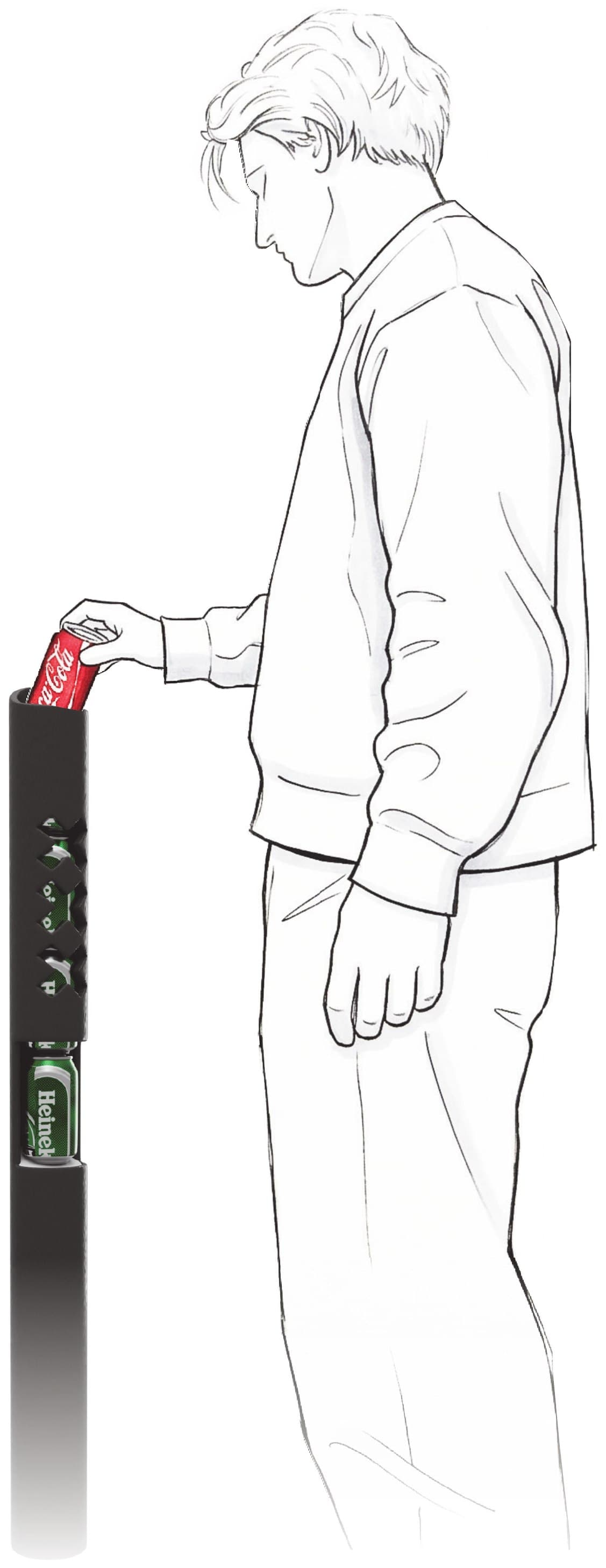 A person placing a can into a slot on a statiepaal without opening any bag