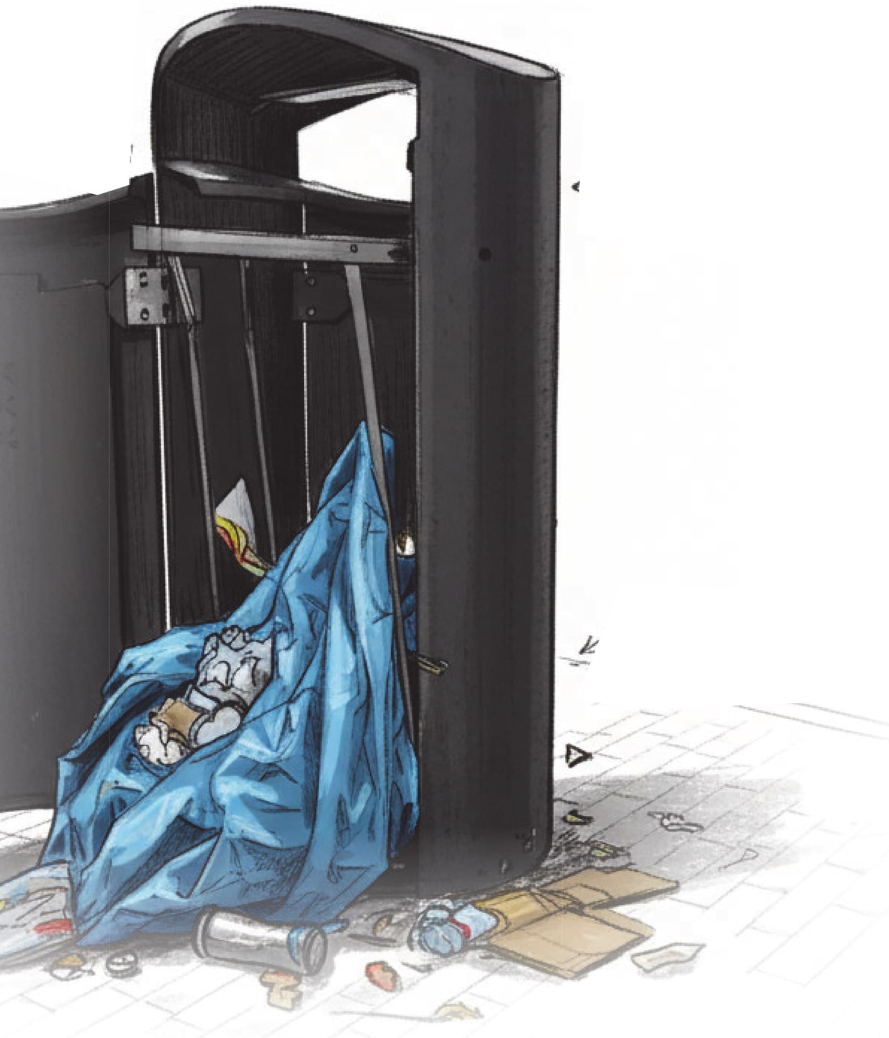 An opened street bin with a torn bag spilling cans and litter onto the pavement